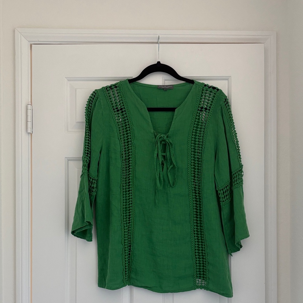 Emerald Green Women's Blouse with Lace Accents
